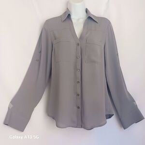 Express The Portofino Shirt Women's  Gray Slim Fit Roll Tab Button Top Sz XS